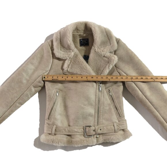 NWT Abercrombie and Fitch Moto Jacket Womens Size XS Beige Suede Faux Shearling - Picture 3 of 8